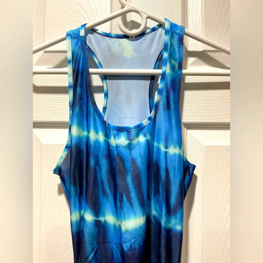 Long racer back tie dye maxi dress in blues ruching on sides S